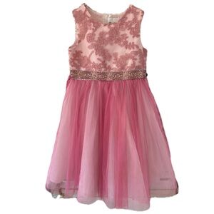 Rare Editions Pink Embroidered Mesh Jeweled Waist Dress